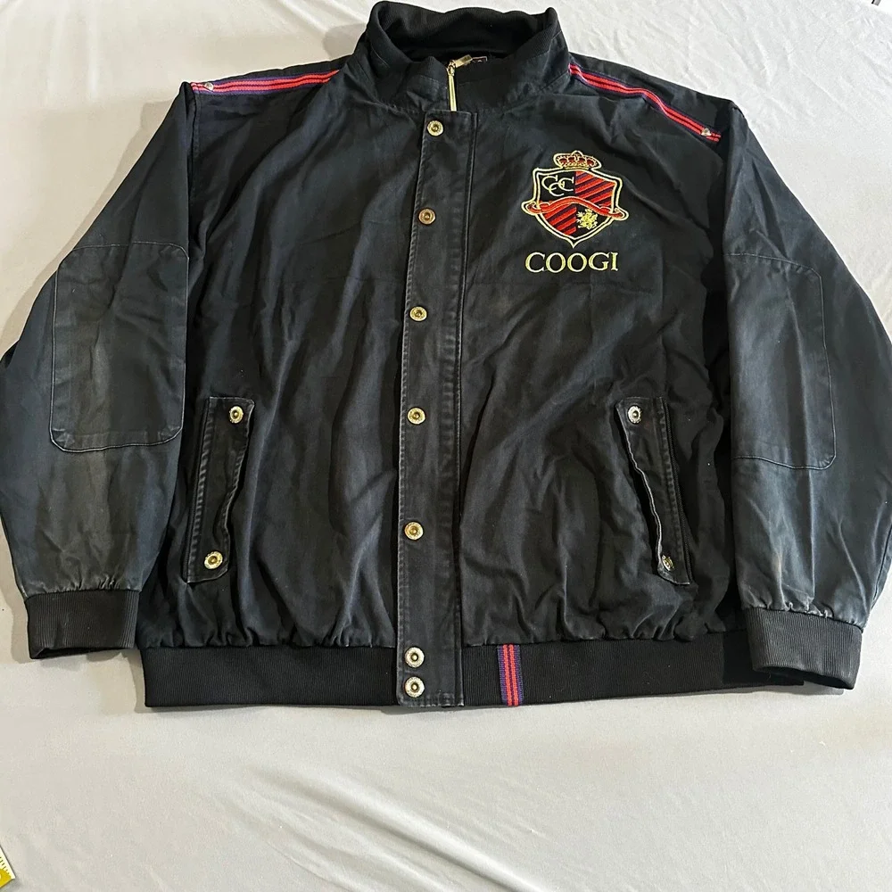 COOGI Bomber Jacket Mens 5XL Black Good Embroidered Crest Racing Stripes